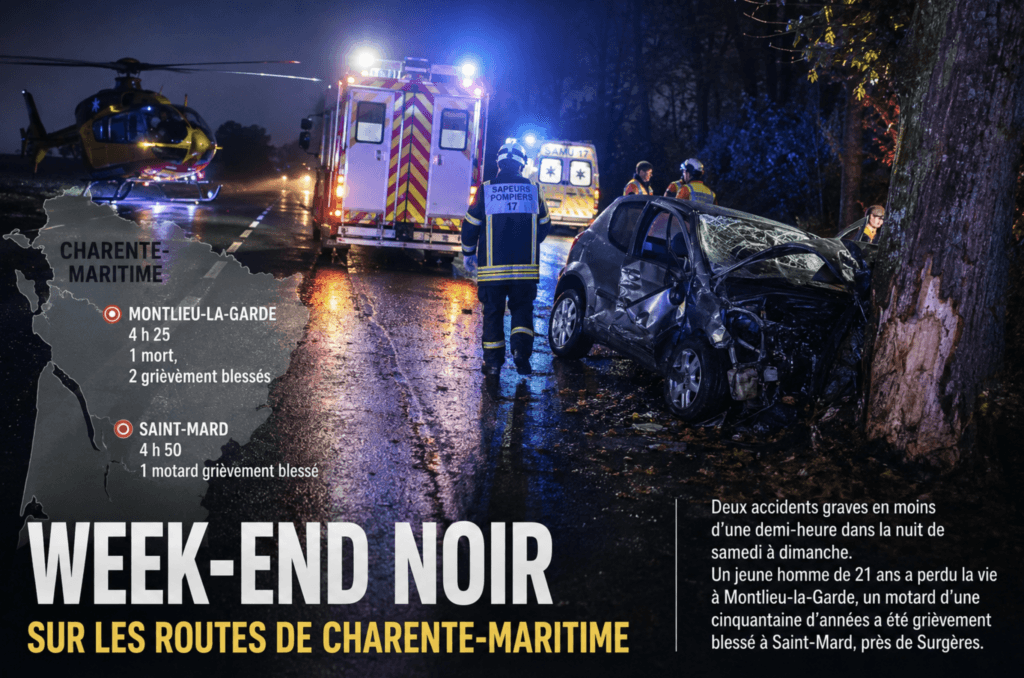 Week-end noir sur les routes de Charente-Maritime : deux accidents graves en quelques minutes, un jeune homme de 21 ans tué