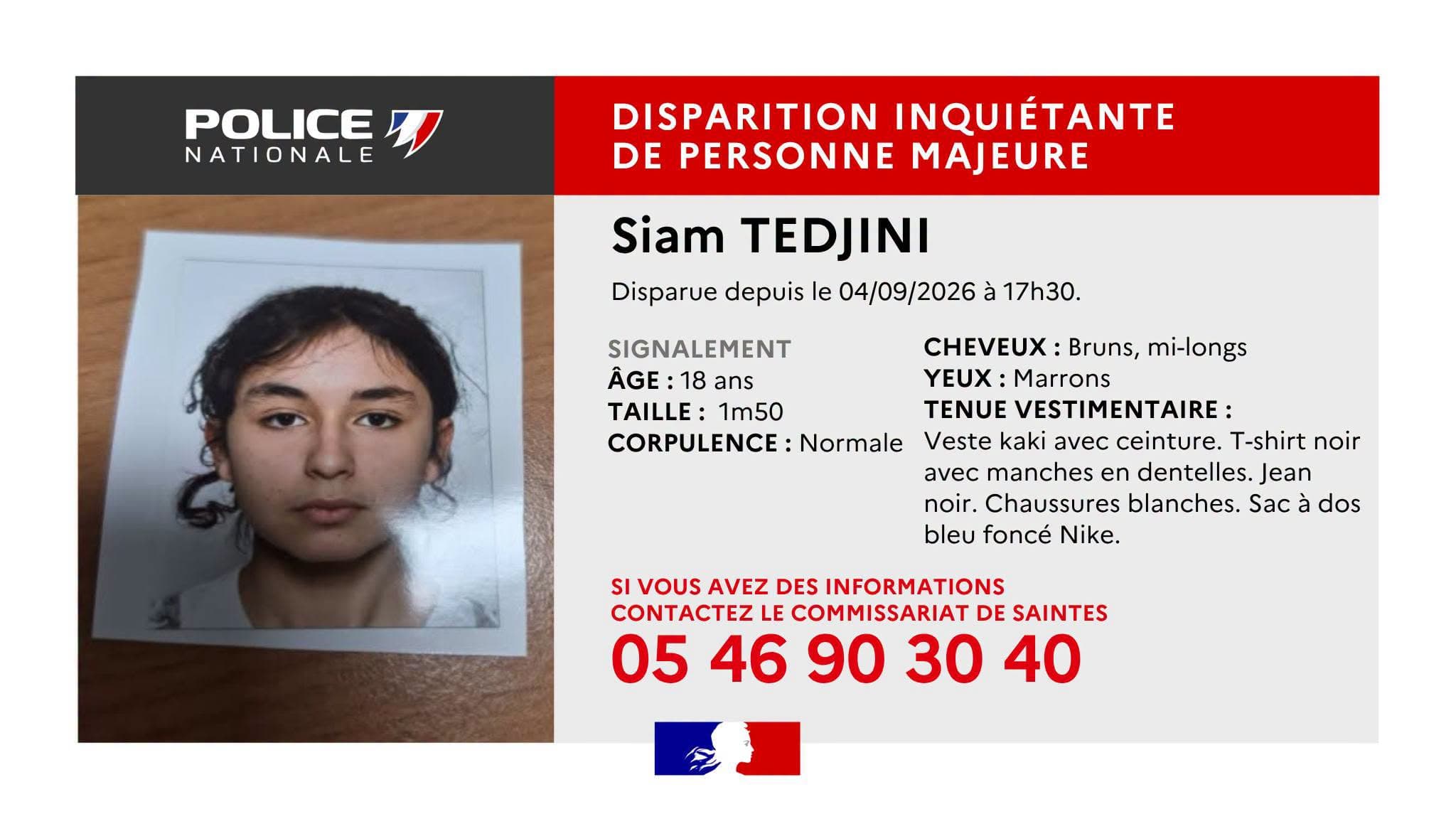 Saintes : la police lance un appel à témoins après la disparition inquiétante d’une jeune femme de 18 ans